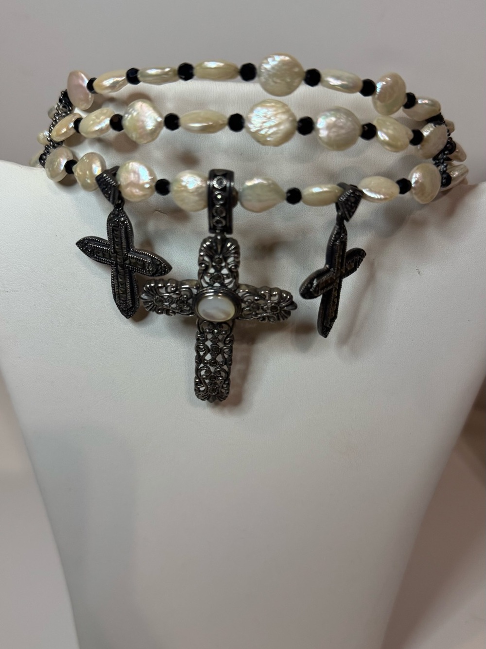 Vintage Designer Freshwater Pearl and Hematit Cross Choker Necklace by J. Lauren